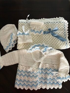 Handmade White & Light Blue Crochet Baby Matching Set